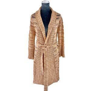 Bebe Tan Knit Crochet Belted‎ Long Sleeve Duster Cardigan Sweater Women XS/SS